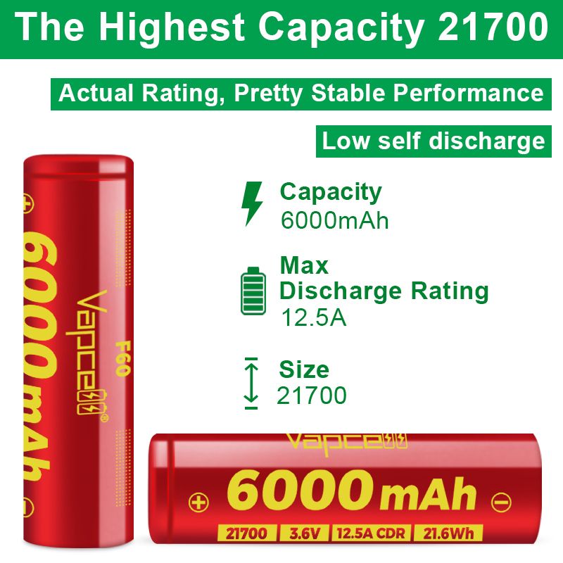 21700 Vapcell F60 6000mah 12.5A Protected Button Top
